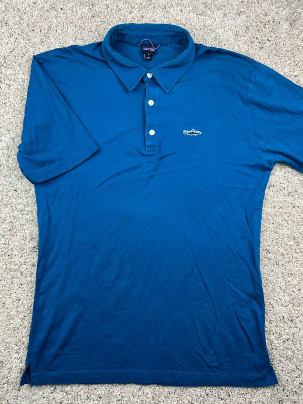 Patagonia Mens Polo Shirt Blue Medium Solid Button Short Sleeve Organic Cotton